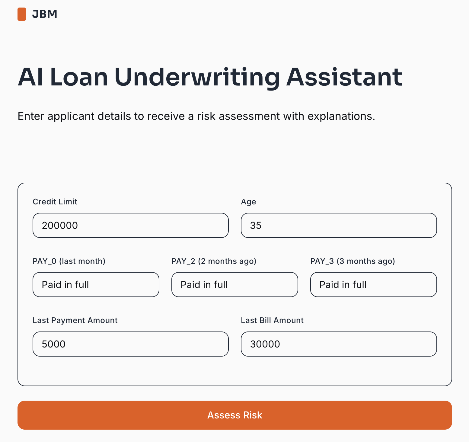 The loan underwriting input form